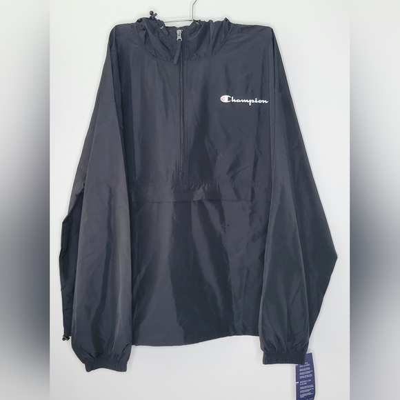 New Champion Black Packable Wind Breaker Water Resistant Coat Jacket Men's 2XL - Picture 1 of 8